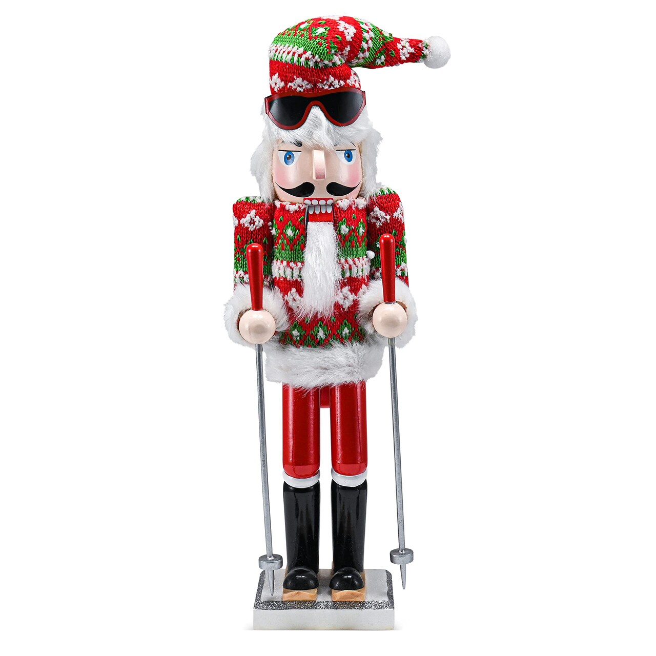 Ornativity Christmas Skier Man Nutcracker &#x2013; Red and Green Wooden Nutcracker Guy with Ugly Sweater and Ski Sticks in Skiing Pose Xmas Themed Holiday Nut Cracker Doll Figure Decorations